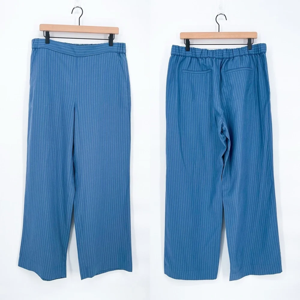 NWT Banana Republic Wide-Leg Tencel™-Linen Pull-On Pant in Blue Stripe Large